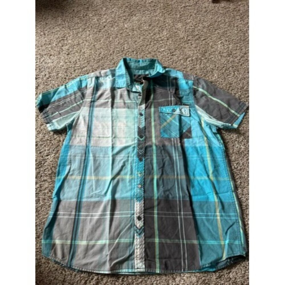 Amplify Mens Blue Gray Color Block Short Sleeve Button Down Size XL Pocket